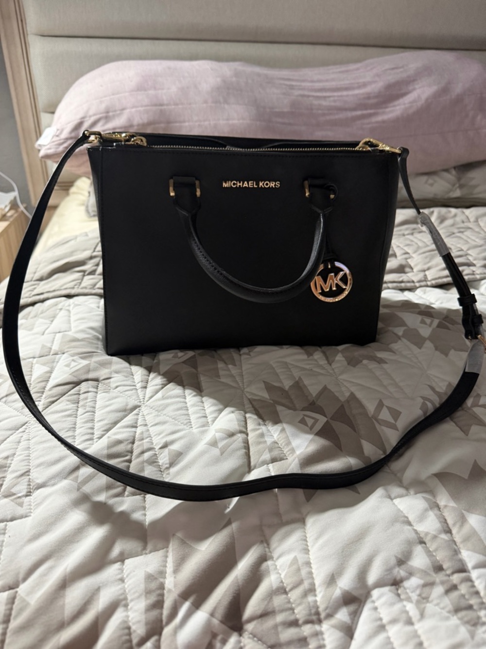 Michael Kors Black Saffiano Satchel with Gold MK Charm